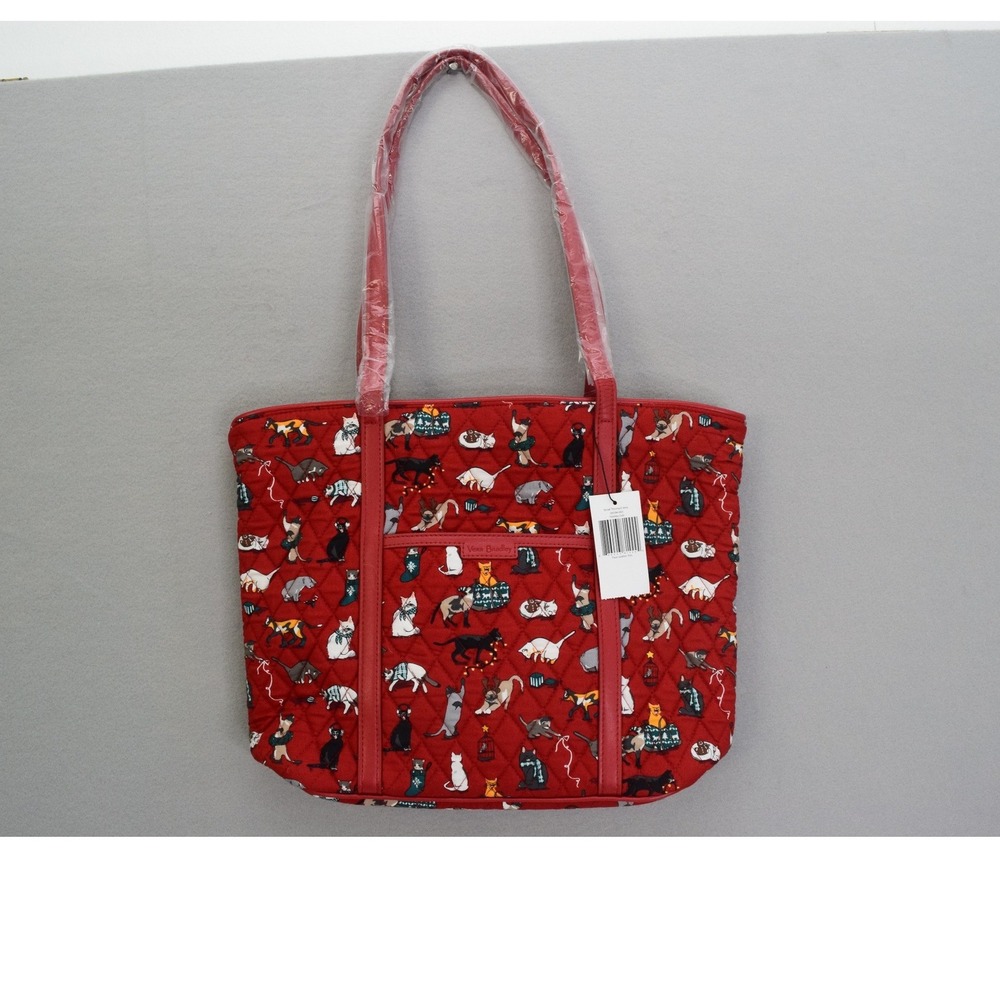 Vera Bradley Small Vera Tote Bag OS Holiday Cats Red Quilted Cotton Women New